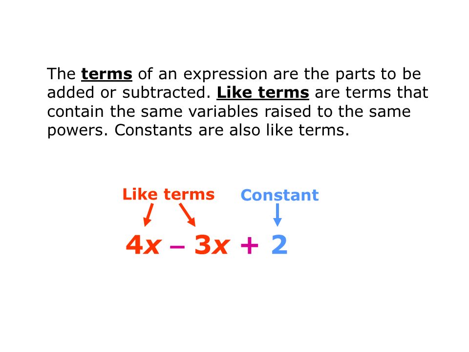 The terms of an expression are the parts to be added or subtracted.