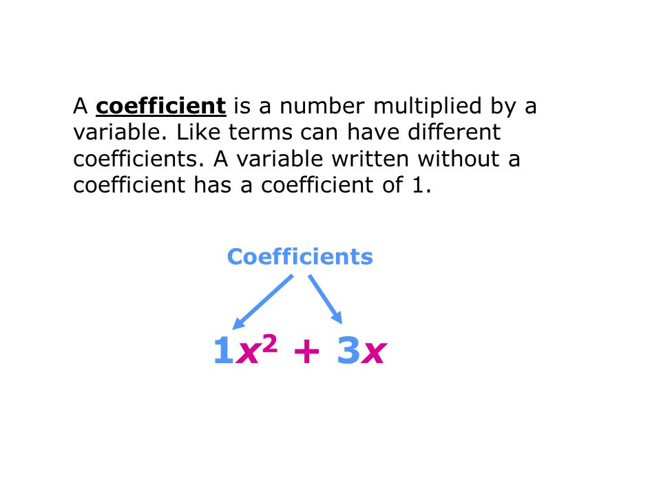 A coefficient is a number multiplied by a variable.