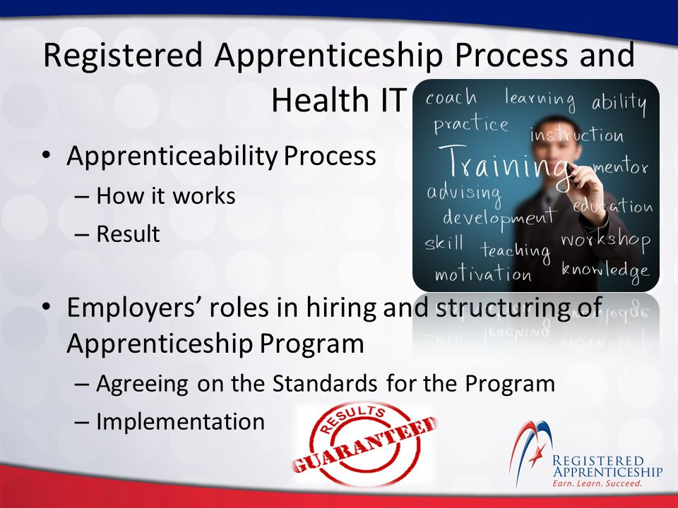 Click to edit Master title style Click to edit Master subtitle style Registered Apprenticeship Process and Health IT Apprenticeability Process – How it works – Result Employers’ roles in hiring and structuring of Apprenticeship Program – Agreeing on the Standards for the Program – Implementation