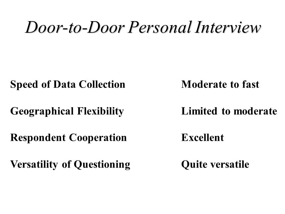Speed of Data CollectionModerate to fast Geographical FlexibilityLimited to moderate Respondent CooperationExcellent Versatility of QuestioningQuite versatile Door-to-Door Personal Interview