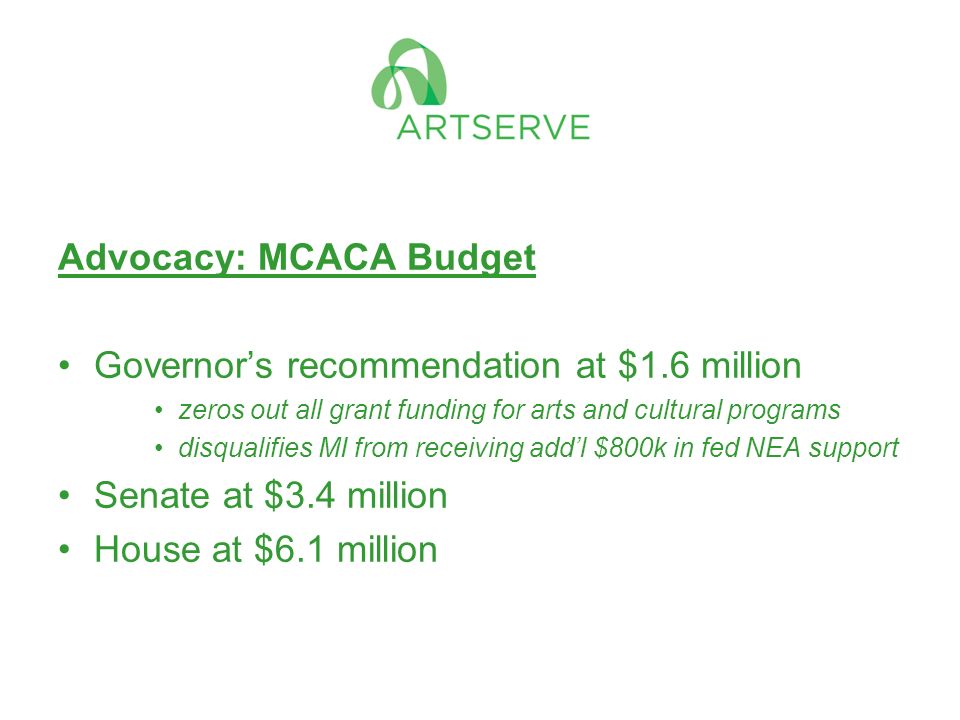 Advocacy: MCACA Budget Governor’s recommendation at $1.6 million zeros out all grant funding for arts and cultural programs disqualifies MI from receiving add’l $800k in fed NEA support Senate at $3.4 million House at $6.1 million