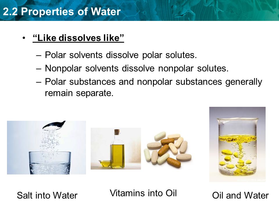 2.2 Properties of Water Like dissolves like –Polar solvents dissolve polar solutes.