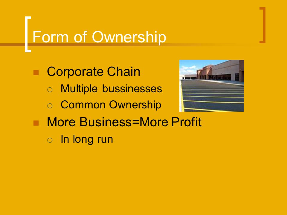 Form of Ownership Corporate Chain  Multiple bussinesses  Common Ownership More Business=More Profit  In long run
