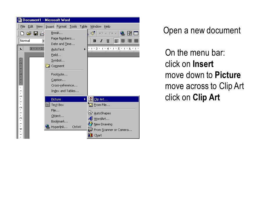 Open a new document On the menu bar: click on Insert move down to Picture move across to Clip Art click on Clip Art
