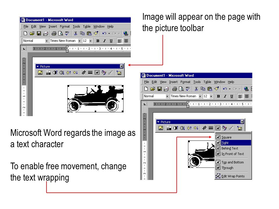 Microsoft Word regards the image as a text character To enable free movement, change the text wrapping Image will appear on the page with the picture toolbar