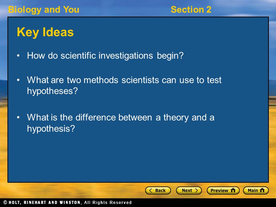 Biology and YouSection 2 Key Ideas How do scientific investigations begin.