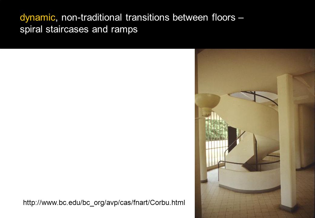dynamic, non-traditional transitions between floors – spiral staircases and ramps
