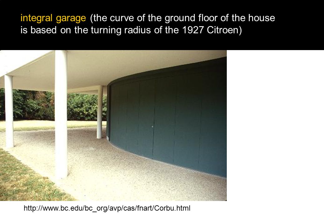 integral garage (the curve of the ground floor of the house is based on the turning radius of the 1927 Citroen)