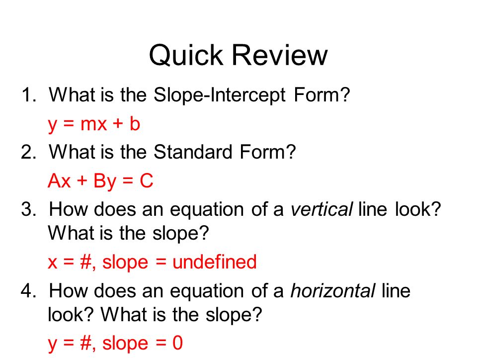 slope intercept form review
100.100 Point – Slope Form. Quick Review 10. What is the Slope ... slope intercept form review
100.100 Point – Slope Form. Quick Review 10. What is the Slope ...