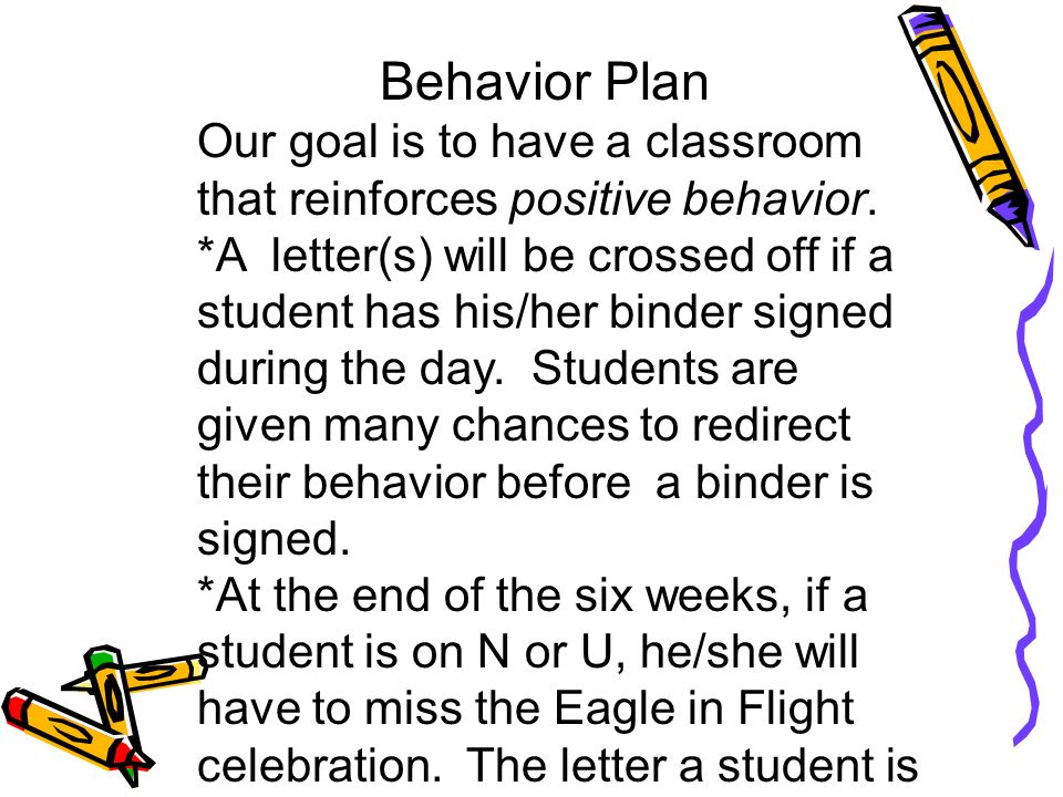 Behavior Plan Our goal is to have a classroom that reinforces positive behavior.
