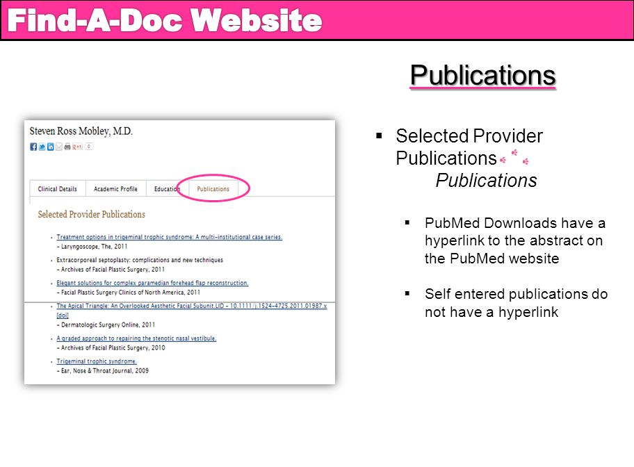 Publications  Selected Provider Publications Publications  PubMed Downloads have a hyperlink to the abstract on the PubMed website  Self entered publications do not have a hyperlink
