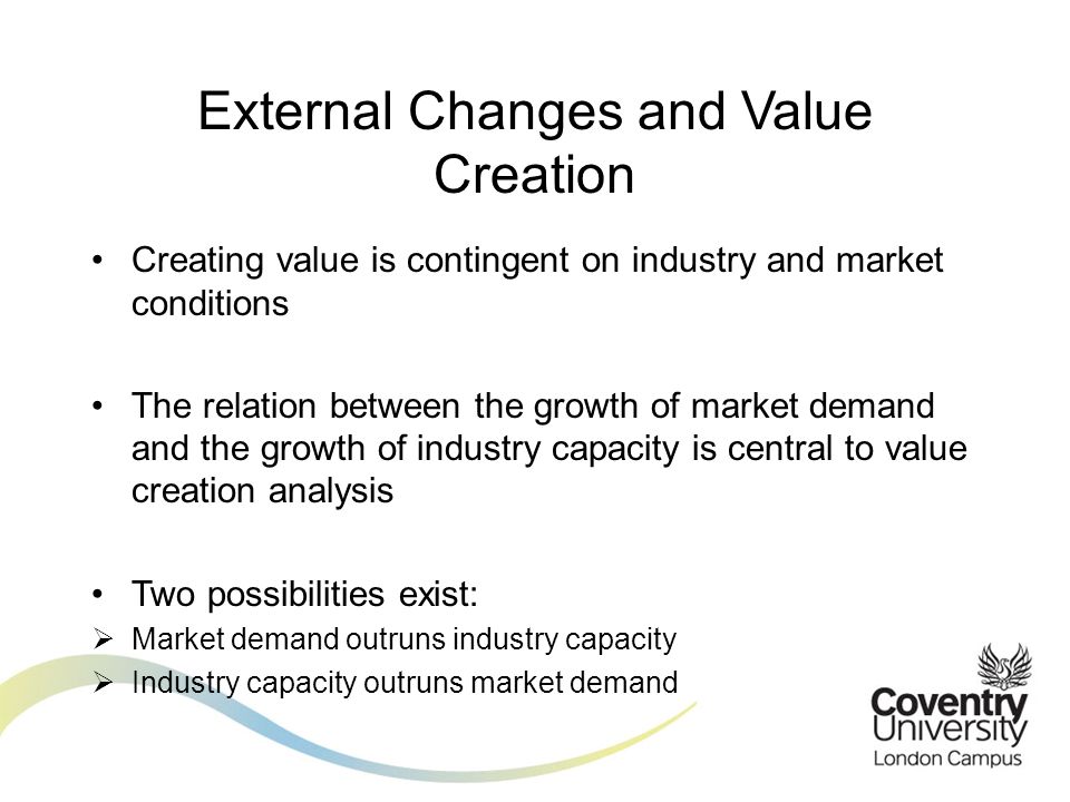External Changes and Value Creation Creating value is contingent on industry and market conditions The relation between the growth of market demand and the growth of industry capacity is central to value creation analysis Two possibilities exist:  Market demand outruns industry capacity  Industry capacity outruns market demand