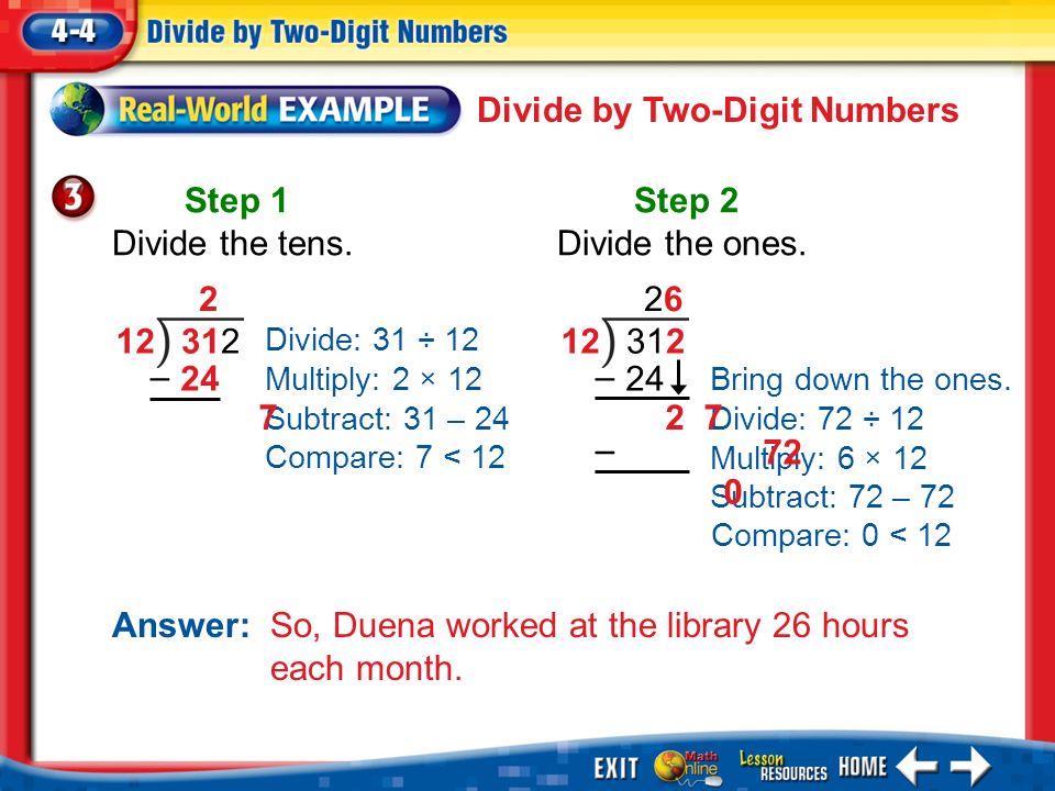 Splash Screen Lesson Menu Five Minute Check Over Lesson 4 3 Main Idea Example 1 Divide By A Two Digit Number Example 2 Division With A Remainder Example Ppt Download