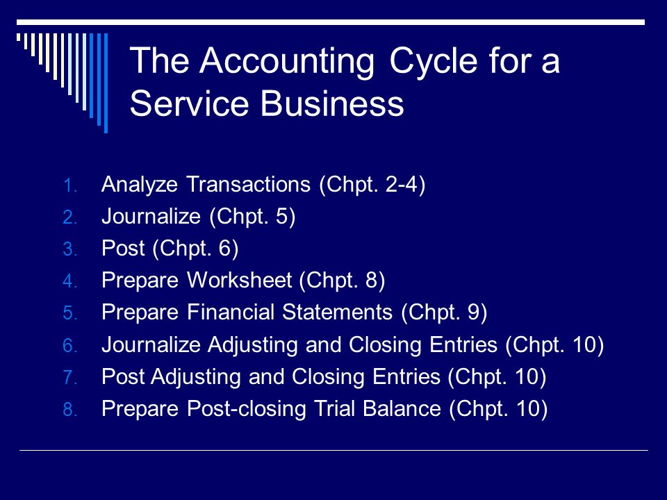 The Accounting Cycle for a Service Business 1. Analyze Transactions (Chpt.