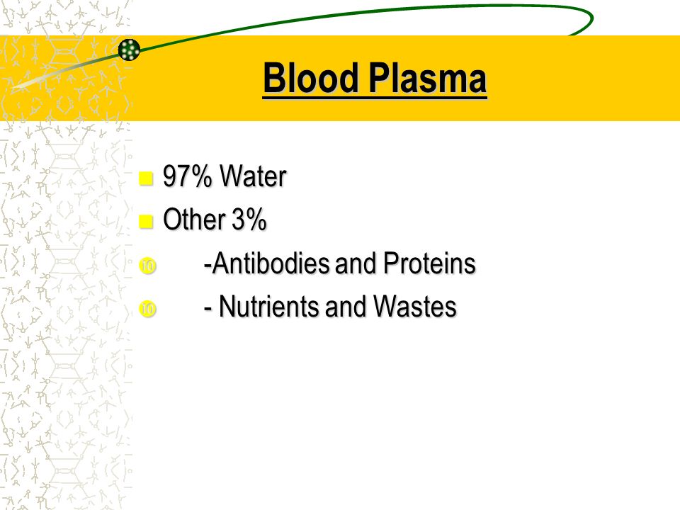 Blood Plasma 97% Water 97% Water Other 3% Other 3%  -Antibodies and Proteins  - Nutrients and Wastes