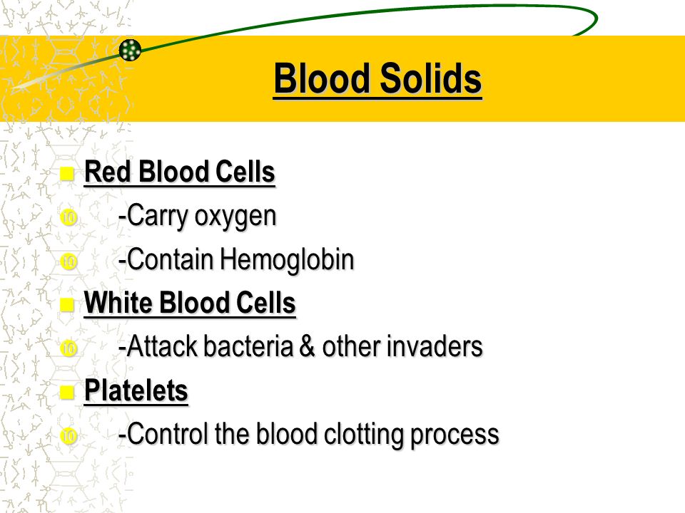 Blood Solids Red Blood Cells Red Blood Cells  -Carry oxygen  -Contain Hemoglobin White Blood Cells White Blood Cells  -Attack bacteria & other invaders Platelets Platelets  -Control the blood clotting process