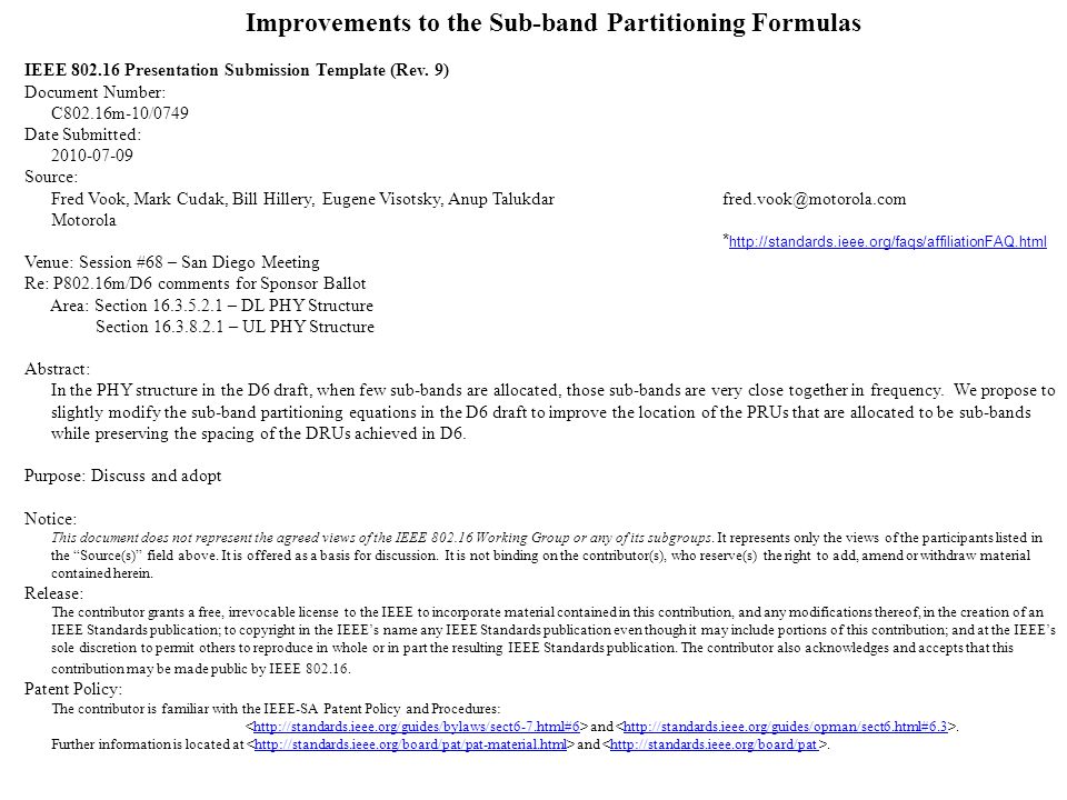 Improvements to the Sub-band Partitioning Formulas IEEE Presentation Submission Template (Rev.