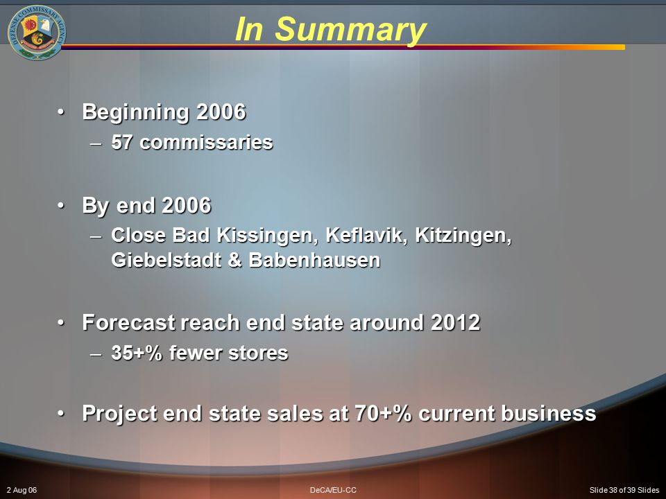 2 Aug 06DeCA/EU-CCSlide 38 of 39 Slides In Summary Beginning 2006Beginning 2006 –57 commissaries By end 2006By end 2006 –Close Bad Kissingen, Keflavik, Kitzingen, Giebelstadt & Babenhausen Forecast reach end state around 2012Forecast reach end state around 2012 –35+% fewer stores Project end state sales at 70+% current businessProject end state sales at 70+% current business