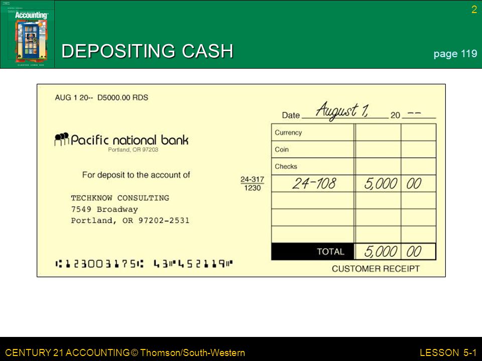 CENTURY 21 ACCOUNTING © Thomson/South-Western 2 LESSON 5-1 DEPOSITING CASH page 119