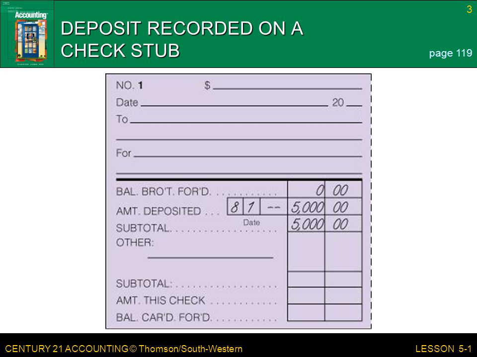 CENTURY 21 ACCOUNTING © Thomson/South-Western 3 LESSON 5-1 DEPOSIT RECORDED ON A CHECK STUB page 119