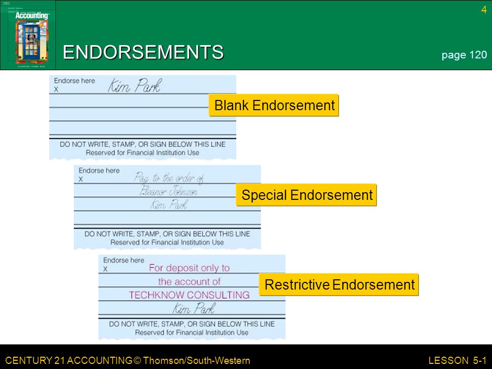 CENTURY 21 ACCOUNTING © Thomson/South-Western 4 LESSON 5-1 ENDORSEMENTS page 120 Blank Endorsement Special Endorsement Restrictive Endorsement