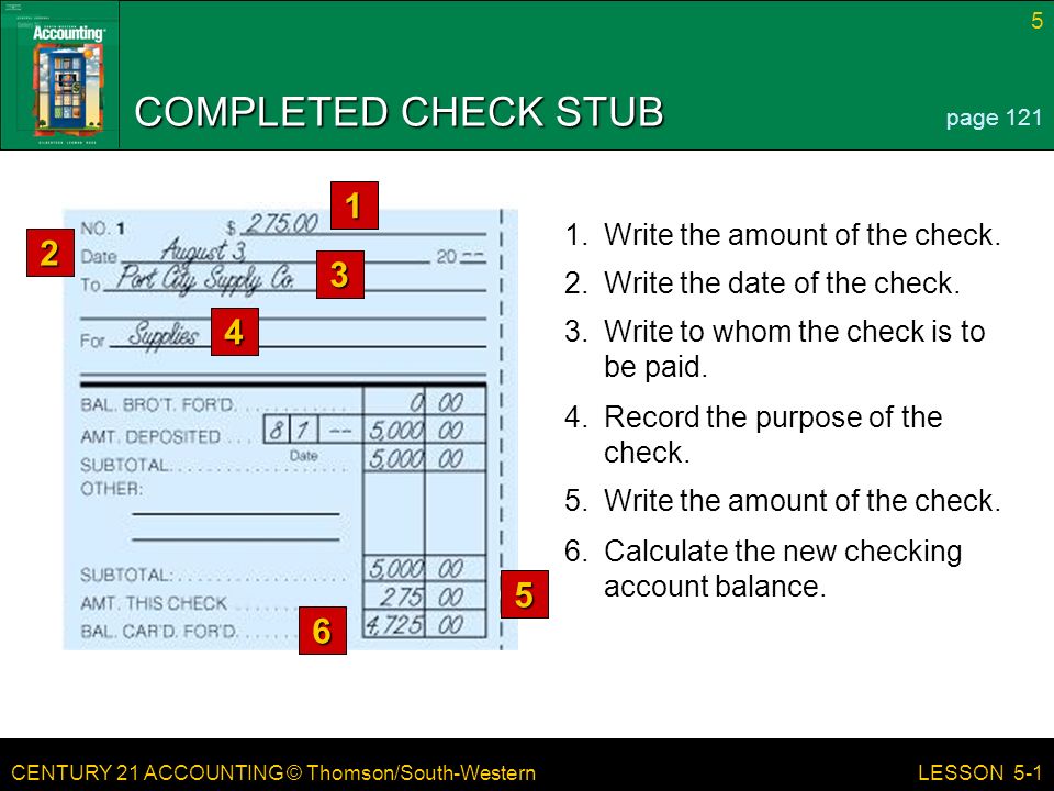 CENTURY 21 ACCOUNTING © Thomson/South-Western 5 LESSON Write the amount of the check.