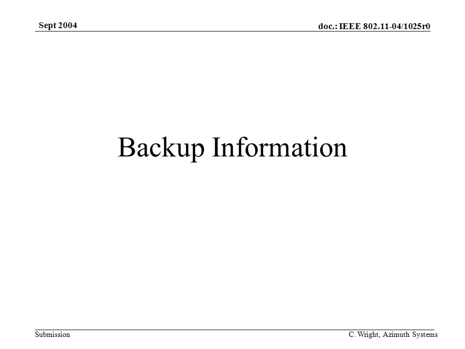 doc.: IEEE /1025r0 Submission Sept 2004 C. Wright, Azimuth Systems Backup Information