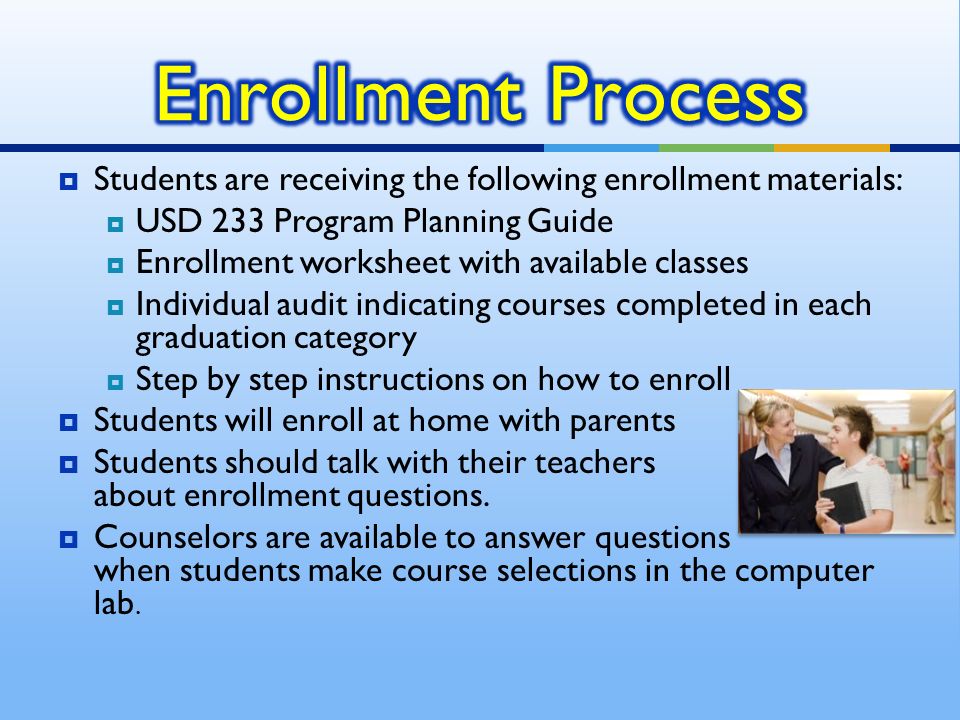  Students are receiving the following enrollment materials:  USD 233 Program Planning Guide  Enrollment worksheet with available classes  Individual audit indicating courses completed in each graduation category  Step by step instructions on how to enroll  Students will enroll at home with parents  Students should talk with their teachers about enrollment questions.