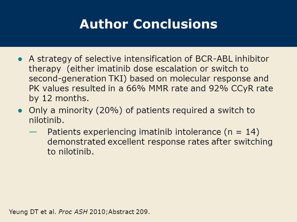 Author Conclusions A strategy of selective intensification of BCR-ABL inhibitor therapy (either imatinib dose escalation or switch to second-generation TKI) based on molecular response and PK values resulted in a 66% MMR rate and 92% CCyR rate by 12 months.