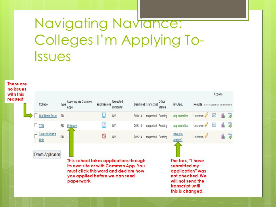 Navigating Naviance: Colleges I’m Applying To- Issues This school takes applications through its own site or with Common App.