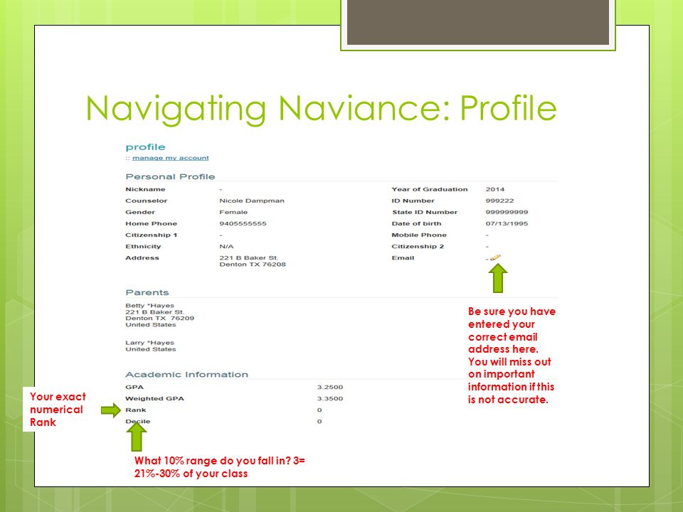 Navigating Naviance: Profile Be sure you have entered your correct  address here.