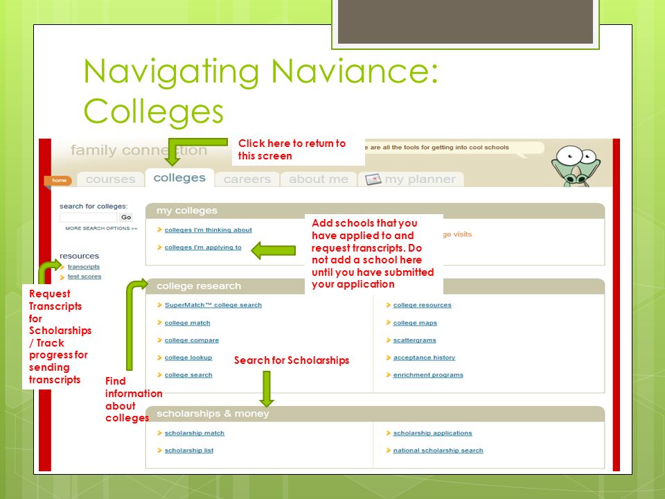 Navigating Naviance: Colleges Search for Scholarships Find information about colleges Add schools that you have applied to and request transcripts.