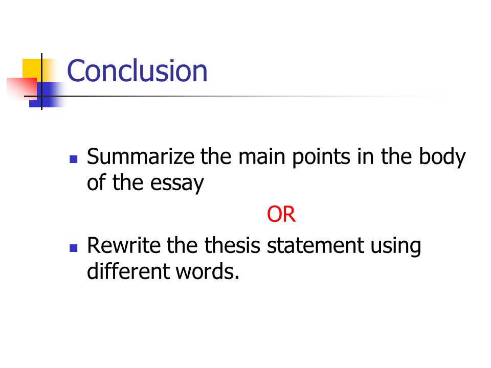 First Day Of High School Essay Conclusion Summarize The Main Points In The Body Of The Essay Or Rewrite The Thesis Statement Using Different Words What Is The Thesis Of An Essay also Help Writing Essay Paper General Outline For An Essay Introduction Body Conclusion Ppt Sample Persuasive Essay High School