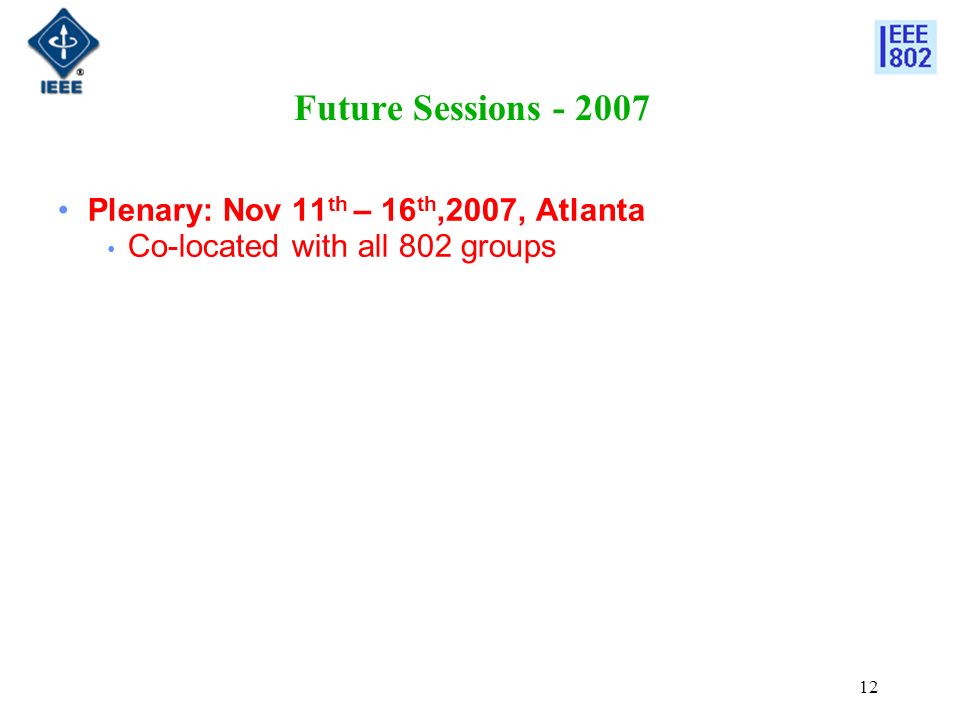 12 Future Sessions Plenary: Nov 11 th – 16 th,2007, Atlanta Co-located with all 802 groups