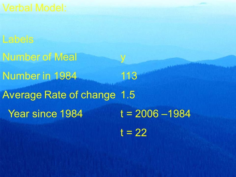 Verbal Model: Labels Number of Mealy Number in Average Rate of change 1.5 Year since 1984t = 2006 –1984 t = 22