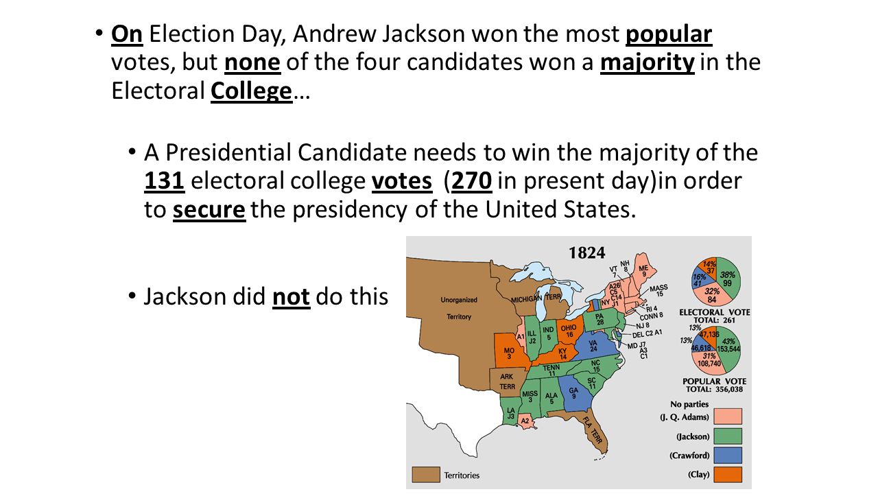 On Election Day, Andrew Jackson won the most popular votes, but none of the four candidates won a majority in the Electoral College… A Presidential Candidate needs to win the majority of the 131 electoral college votes (270 in present day)in order to secure the presidency of the United States.