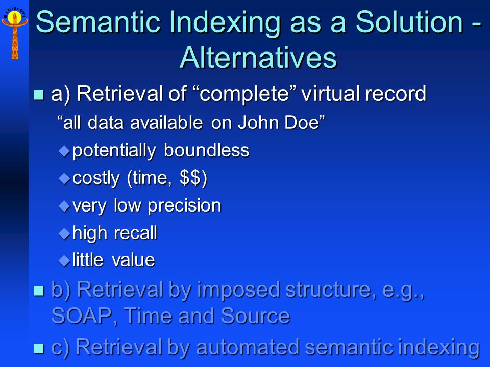 M E D I N F O 9 5 Semantic Indexing as a Solution - Alternatives n a) Retrieval of complete virtual record all data available on John Doe u potentially boundless u costly (time, $$) u very low precision u high recall u little value n b) Retrieval by imposed structure, e.g., SOAP, Time and Source n c) Retrieval by automated semantic indexing