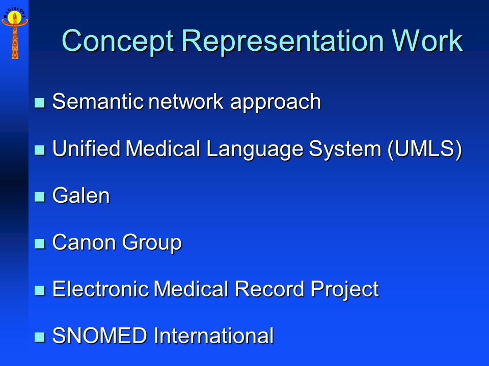 M E D I N F O 9 5 Concept Representation Work n Semantic network approach n Unified Medical Language System (UMLS) n Galen n Canon Group n Electronic Medical Record Project n SNOMED International