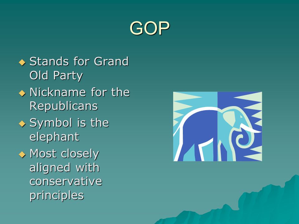 GOP  Stands for Grand Old Party  Nickname for the Republicans  Symbol is the elephant  Most closely aligned with conservative principles