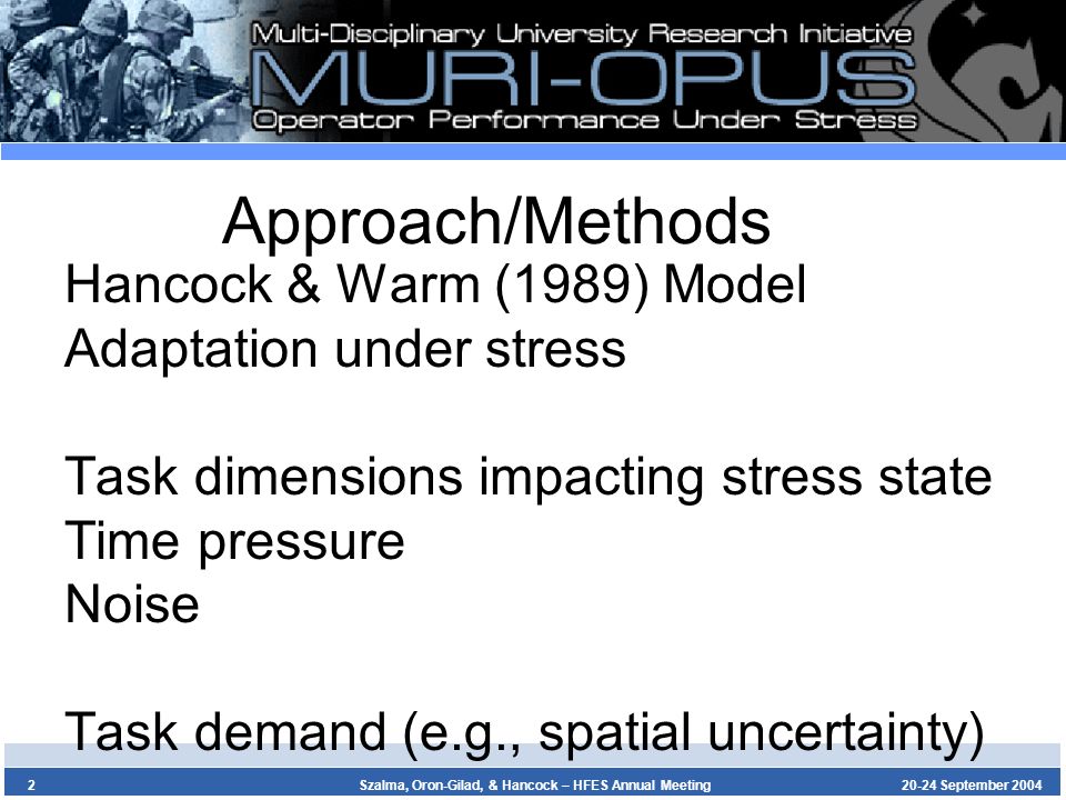 20-24 September 2004Szalma, Oron-Gilad, & Hancock – HFES Annual Meeting2 Approach/Methods Hancock & Warm (1989) Model Adaptation under stress Task dimensions impacting stress state Time pressure Noise Task demand (e.g., spatial uncertainty)