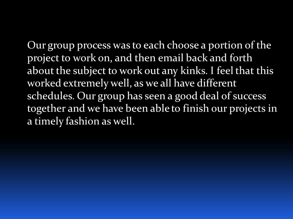 Our group process was to each choose a portion of the project to work on, and then  back and forth about the subject to work out any kinks.