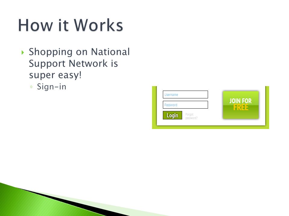  Shopping on National Support Network is super easy! ◦ Sign-in