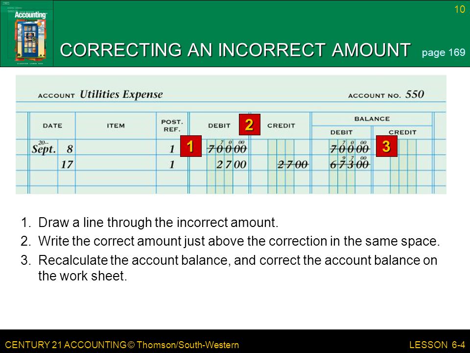 CENTURY 21 ACCOUNTING © Thomson/South-Western 10 LESSON 6-4 CORRECTING AN INCORRECT AMOUNT page Draw a line through the incorrect amount.