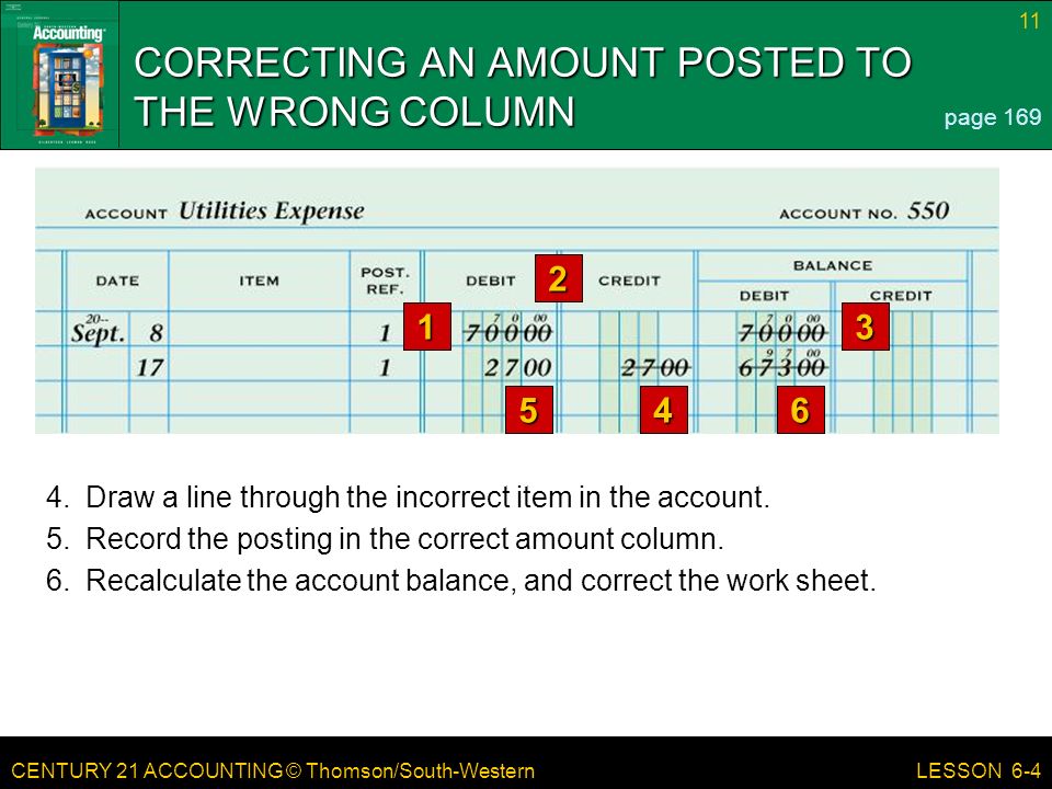 CENTURY 21 ACCOUNTING © Thomson/South-Western 11 LESSON 6-4 CORRECTING AN AMOUNT POSTED TO THE WRONG COLUMN 46 page Recalculate the account balance, and correct the work sheet.