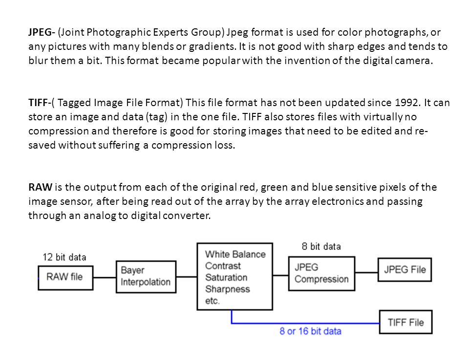 JPEG- (Joint Photographic Experts Group) Jpeg format is used for color photographs, or any pictures with many blends or gradients.