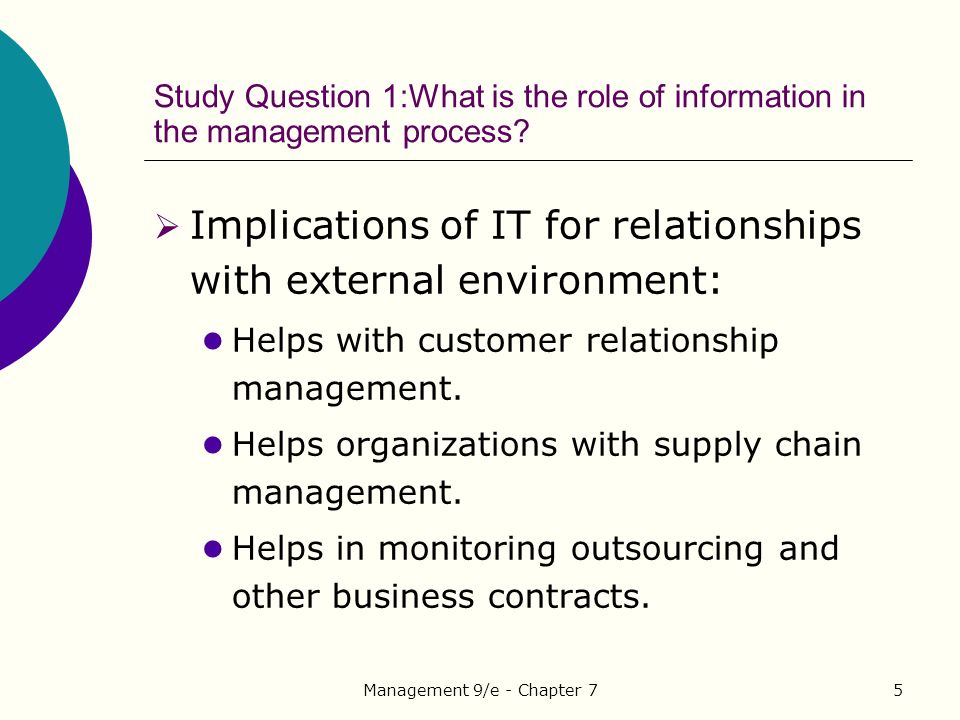 Management 9/e - Chapter 75 Study Question 1:What is the role of information in the management process.