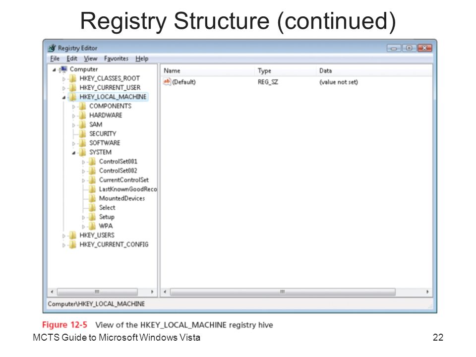 MCTS Guide to Microsoft Windows Vista22 Registry Structure (continued)