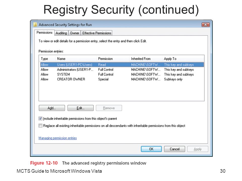 MCTS Guide to Microsoft Windows Vista30 Registry Security (continued)