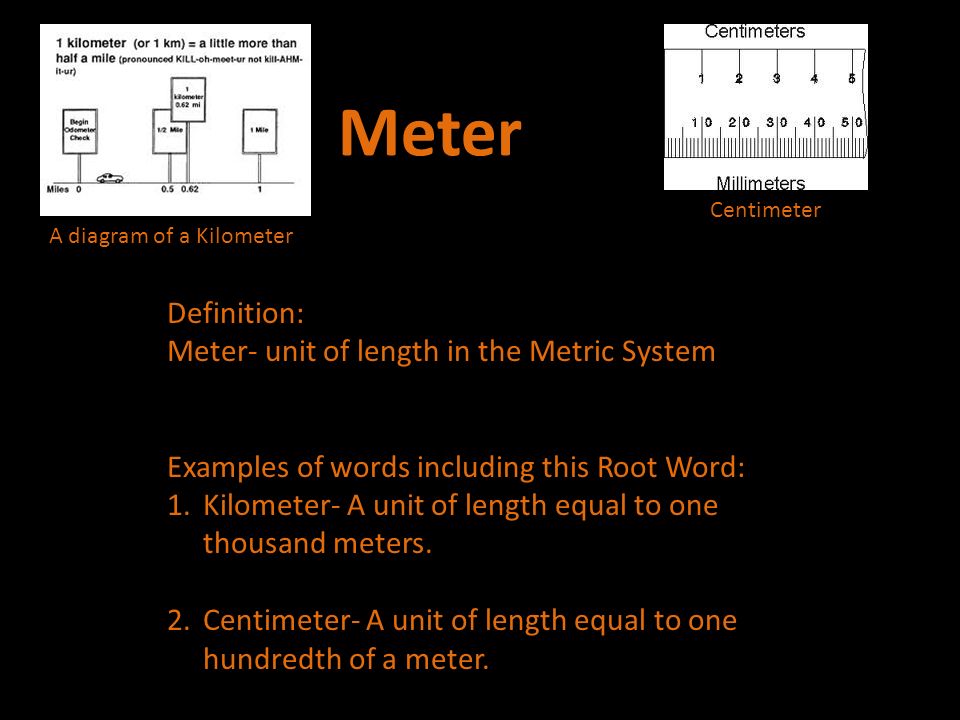 Scientific Root Words Meter - Chloro. Meter Definition: Meter- unit of  length in the Metric System Examples of words including this Root Word:  1.Kilometer- - ppt download