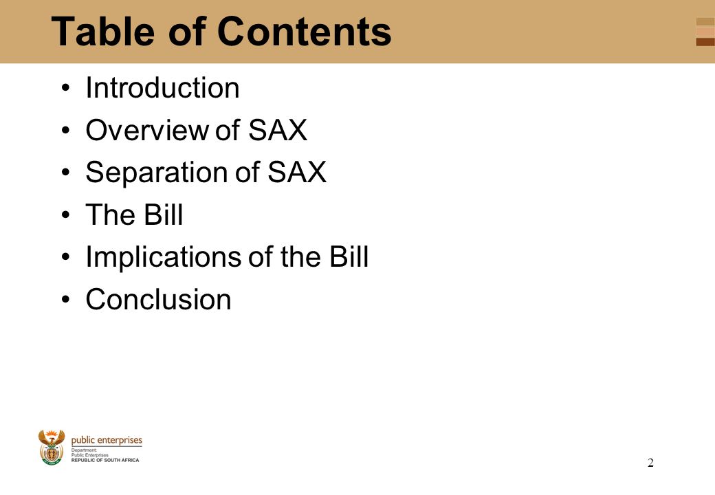 2 Table of Contents Introduction Overview of SAX Separation of SAX The Bill Implications of the Bill Conclusion